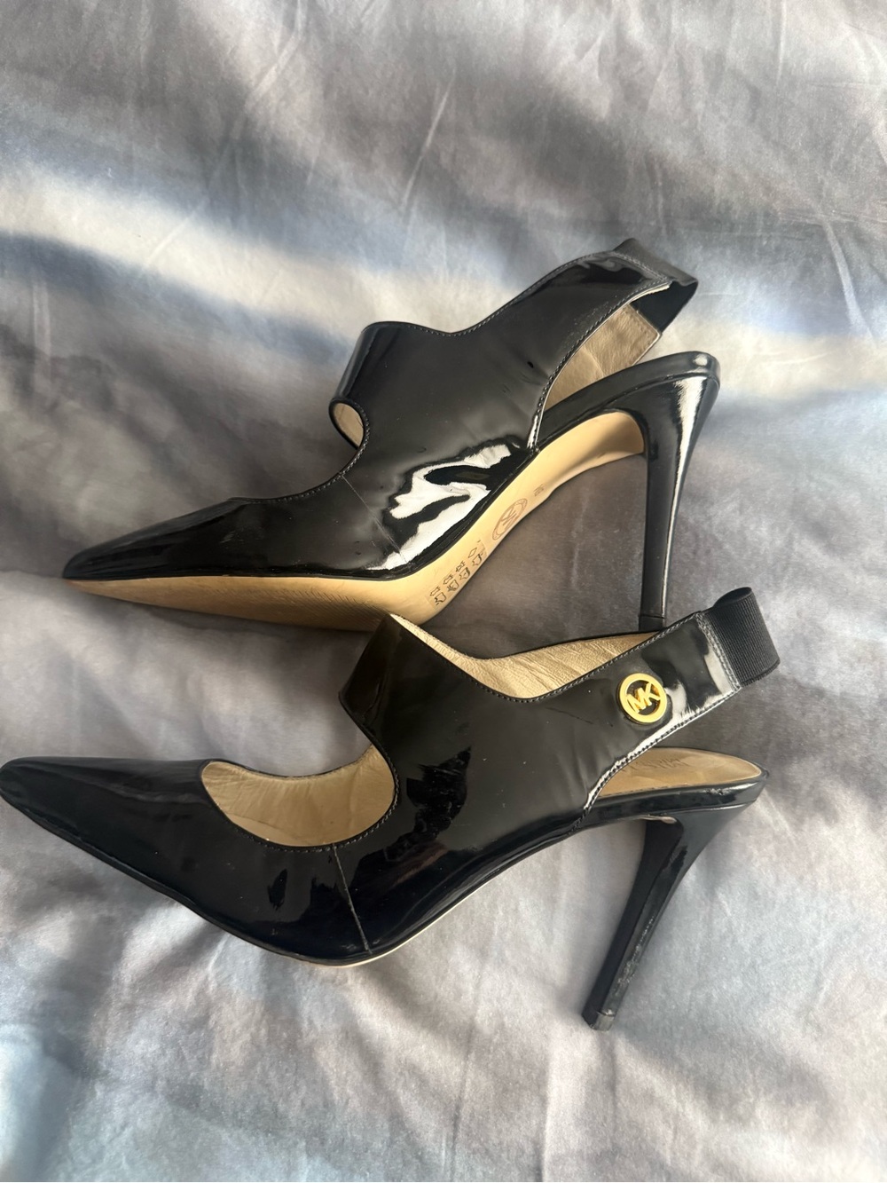 Michael Kors Black Patent Leather Slingback Pointy-Toe Heels with MK Accent